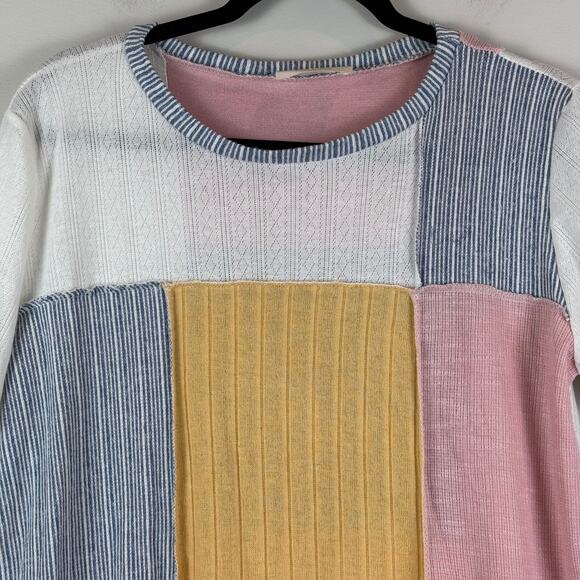 Sugarfox Top Womens Medium Multicolor Patchwork Striped Blouse Cottage Dainty - Picture 2 of 8
